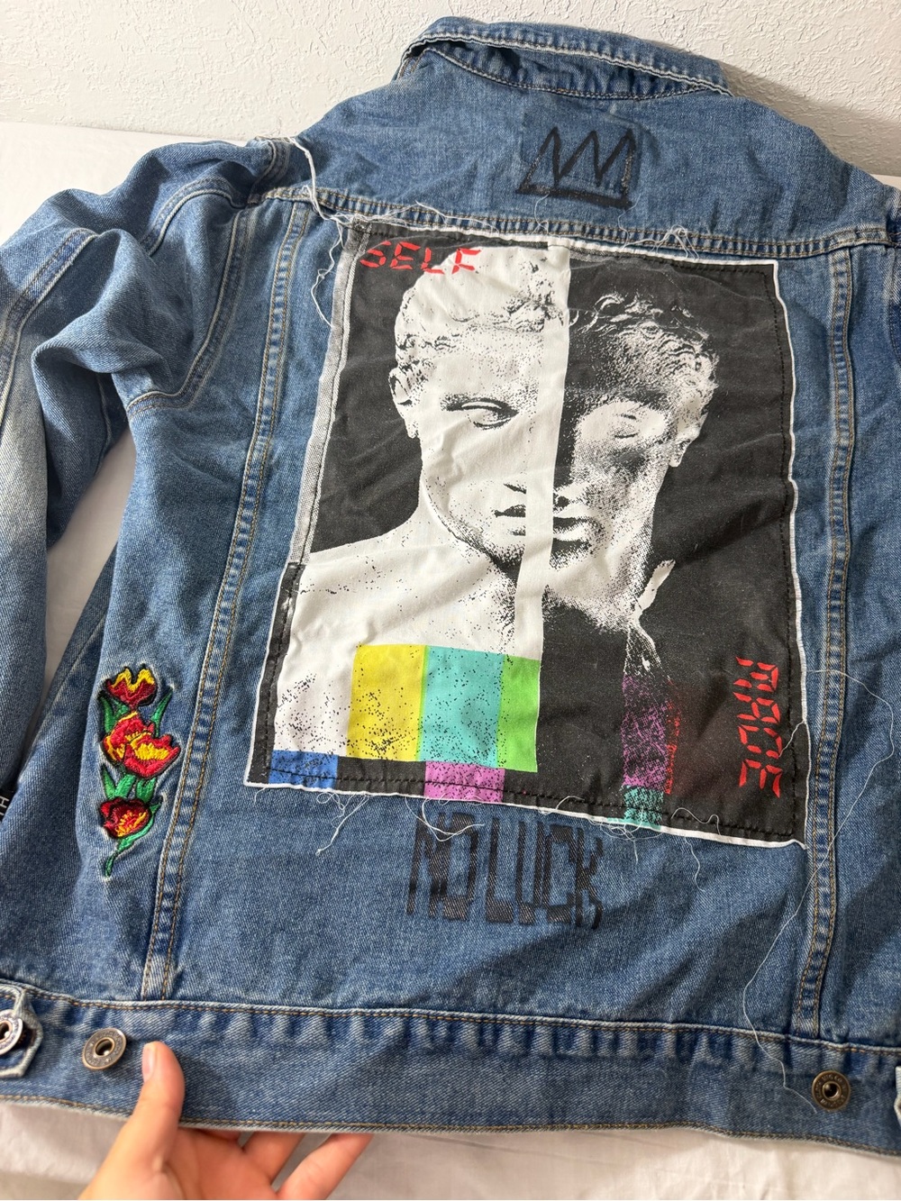 Brooklyn Cloth Light Blue Denim Jacket with Multicolor Patch Accents - Picture 7 of 10